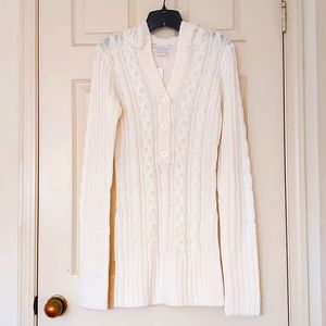 NWT. Charlotte Russe Woman Long sweater with hoodie and knitted stripe patterns.